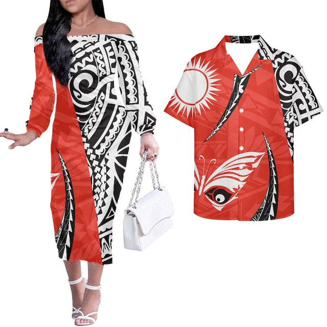 Hawaiian Tribal Polynesian Couples Matching Hawaiian Outfits Combo Long Sleeve Dress And Hawaiian Shirt Red - Polynesian Pride