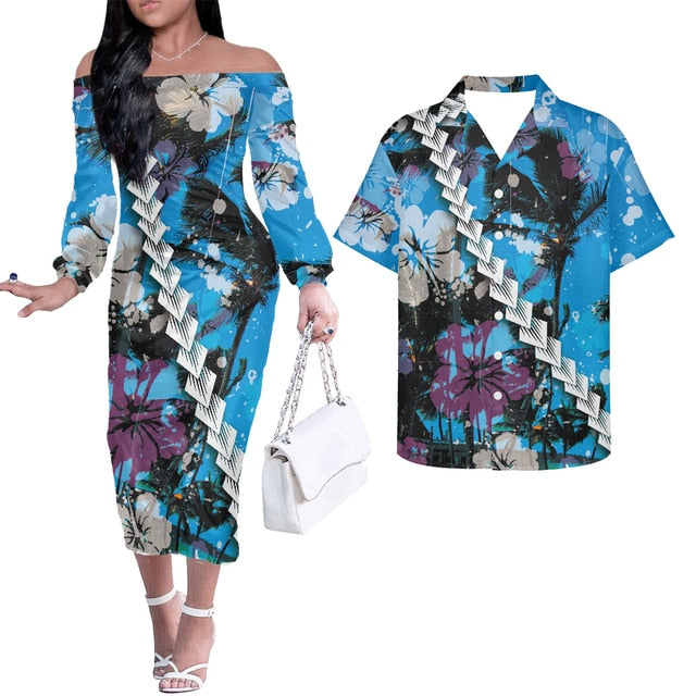 Hibiscus Hawaii Tropical Flowers Couples Matching Hawaiian Outfits Combo Long Sleeve Dress And Hawaiian Shirt Blue - Polynesian Pride