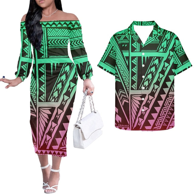 Hawaiian Tribal Polynesian Pattern Matching Hawaiian Outfits For Couple Combo Long Sleeve Dress And Hawaiian Shirt Art - Polynesian Pride