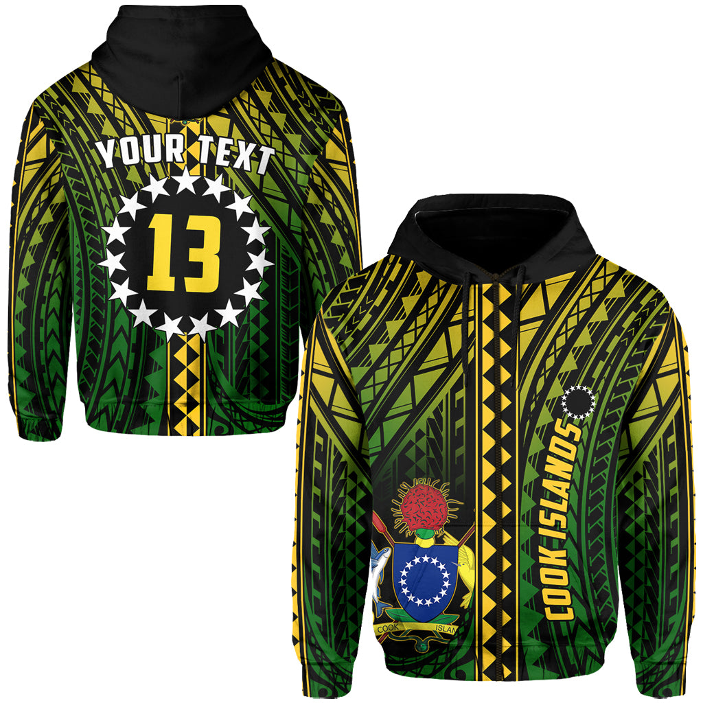 (Custom Text and Number) Cook Islands Zip Hoodie Polynesian Pattern Stars LT13 Unisex Black - Polynesian Pride