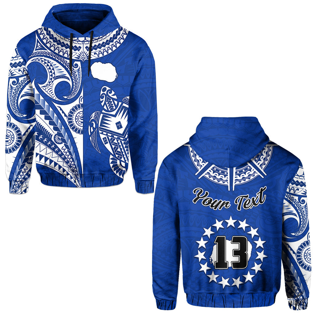 (Custom Text and Number) Rarotonga Cook Islands Hoodie Turtle and Map Style Blue LT13 Blue - Polynesian Pride