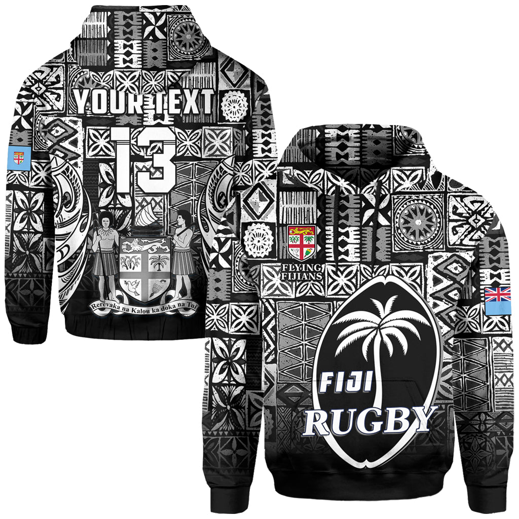 (Custom Text and Number) Fiji Rugby Hoodie Flying Fijians Black Tapa Pattern LT13 Unisex Black - Polynesian Pride