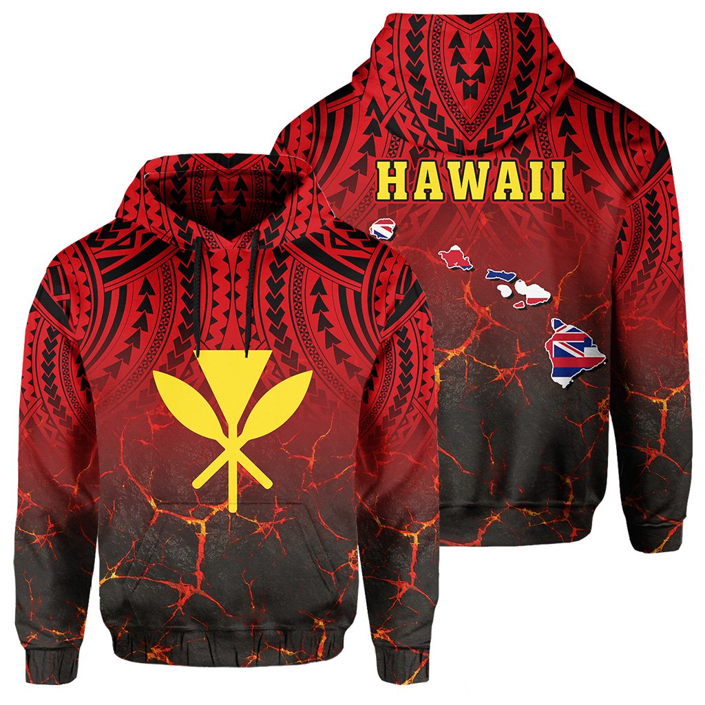 Hawaii Kanaka Map Hoodie Zip Polynesian Hawaiian Eruption Style Unisex Red - Polynesian Pride