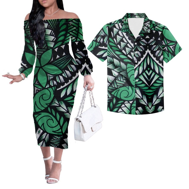 Hawaii Flowers Tribal Pattern Matching Hawaiian Outfits Polynesian Long Sleeve Dress And Hawaiian Shirt Green Style Green - Polynesian Pride