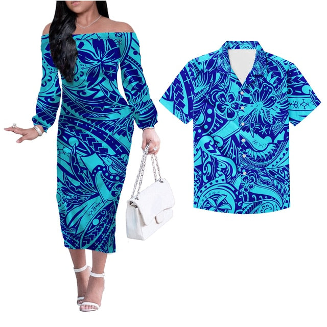Matching Hawaiian Outfits Polynesian Tribal Long Sleeve Dress And Hawaiian Shirt Blue Style Green - Polynesian Pride