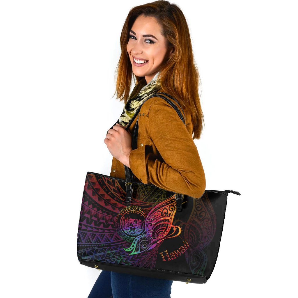 Hawaii Leather Tote - Butterfly Polynesian Style Black - Polynesian Pride
