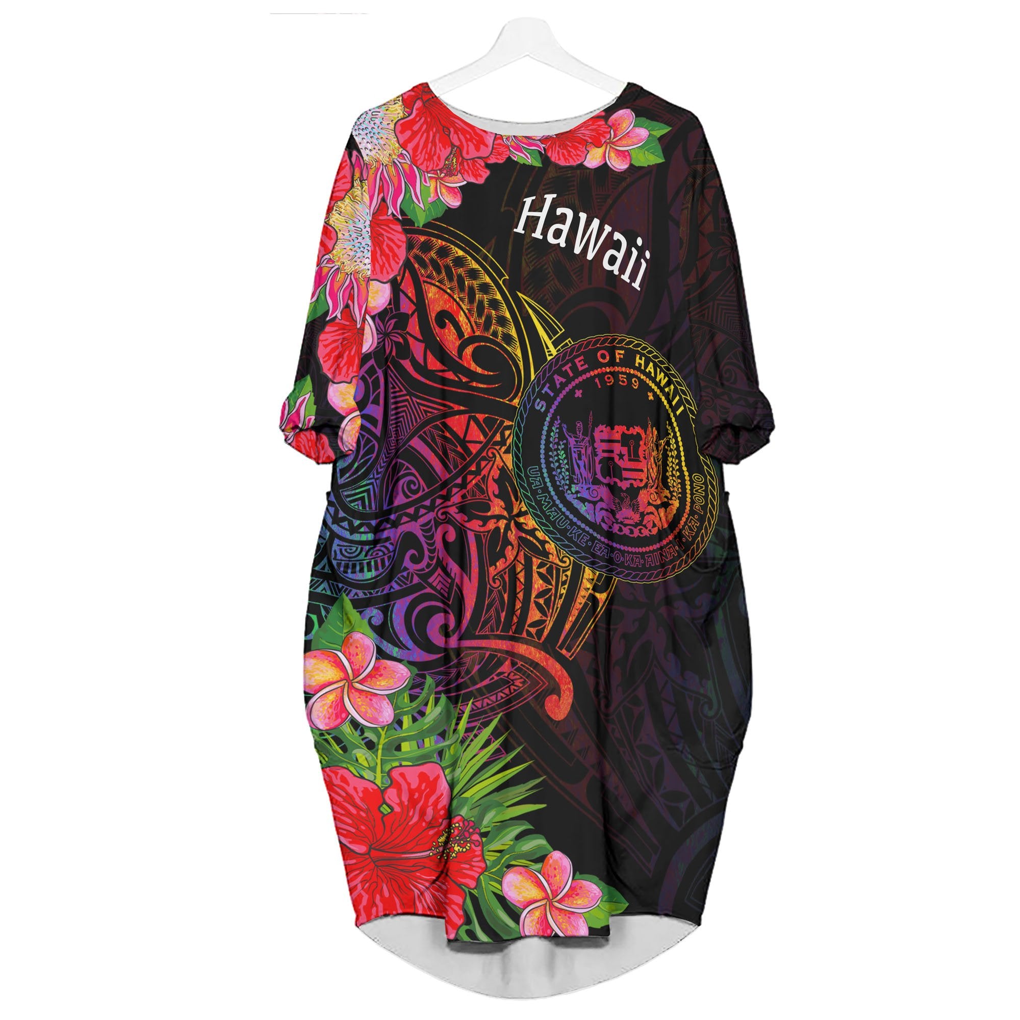 Hawaii Batwing Pocket Dress - Tropical Hippie Style Women Black - Polynesian Pride