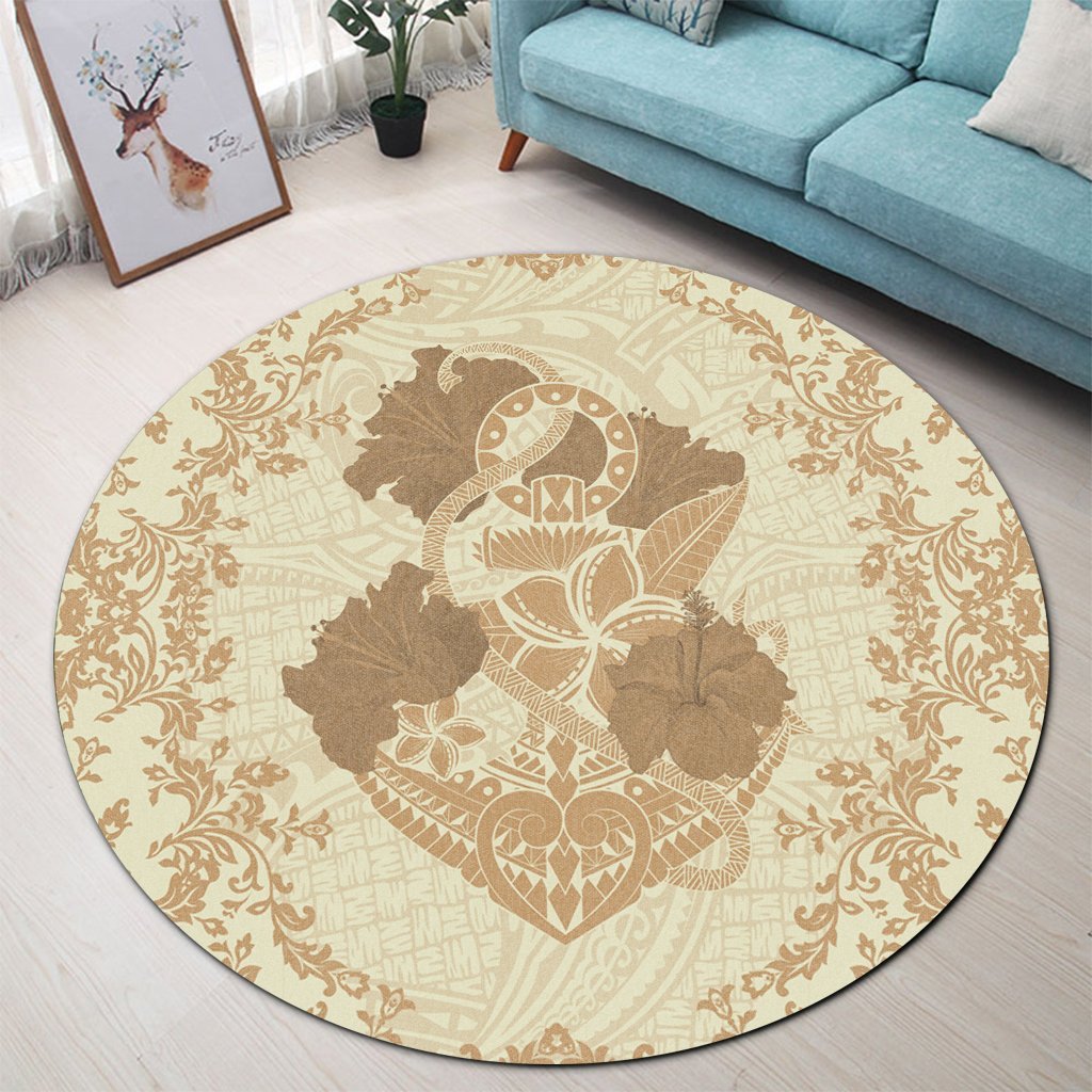 Hawaii Anchor Hibiscus Flower Vintage Round Carpet - AH - Beige - Polynesian Pride