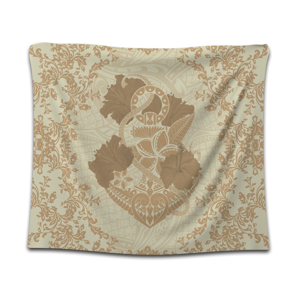 Hawaii Anchor Hibiscus Flower Vintage Tapestry - AH - Beige Wall Tapestry Black - Polynesian Pride