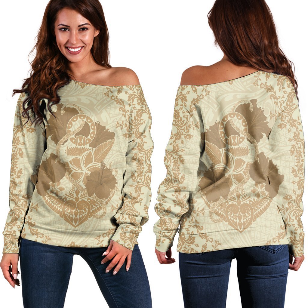 Hawaii Anchor Hibiscus Flower Vintage Women's Off Shoulder Sweater - AH - Beige Black - Polynesian Pride