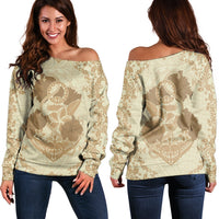 Hawaii Anchor Hibiscus Flower Vintage Women's Off Shoulder Sweater - AH - Beige Black - Polynesian Pride