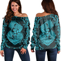 Hawaii Anchor Hibiscus Flower Vintage Women's Off Shoulder Sweater - AH - Blue Black - Polynesian Pride