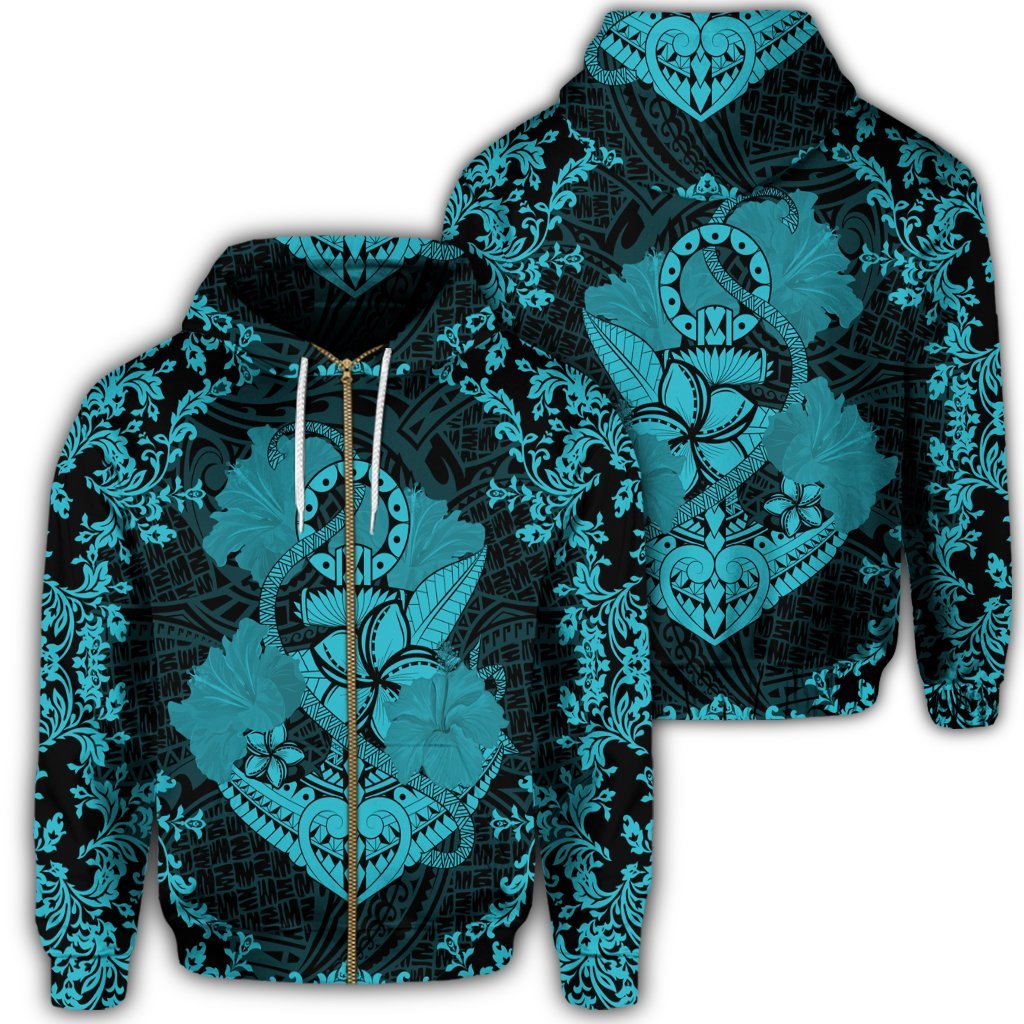 Hawaii Anchor Hibiscus Flower Vintage Zip Hoodie Blue Unisex Art - Polynesian Pride