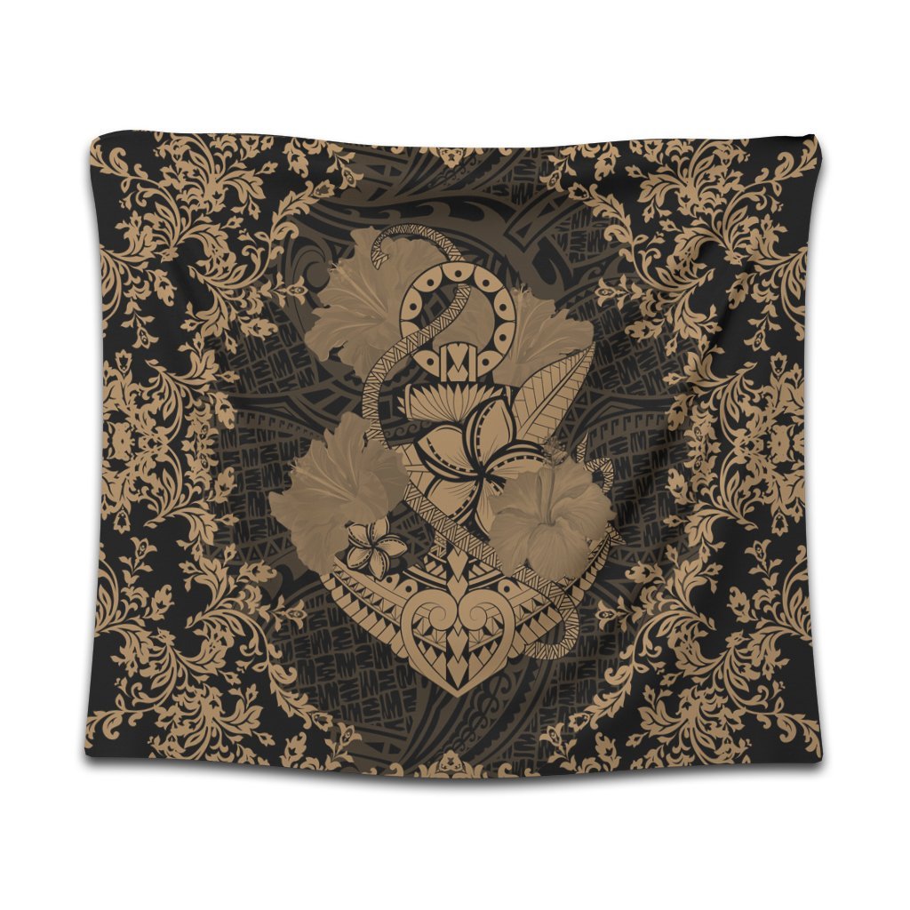 Hawaii Anchor Hibiscus Flower Vintage Tapestry - AH - Gold Wall Tapestry Black - Polynesian Pride