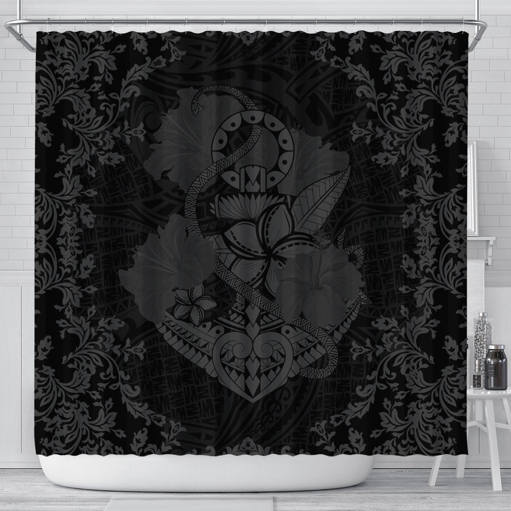 Hawaii Anchor Hibiscus Flower Vintage Shower Curtain - AH - Grey 177 x 172 (cm) Black - Polynesian Pride