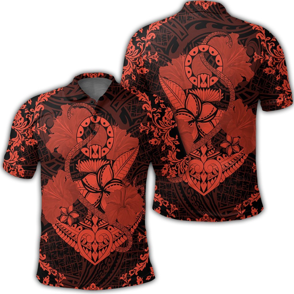 Hawaii Anchor Hibiscus Flower Vintage Polo Shirt Orange Unisex Black - Polynesian Pride