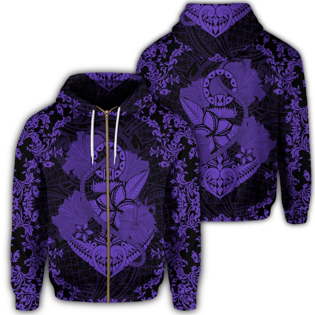 Hawaii Anchor Hibiscus Flower Vintage Zip Hoodie Purple Unisex Art - Polynesian Pride