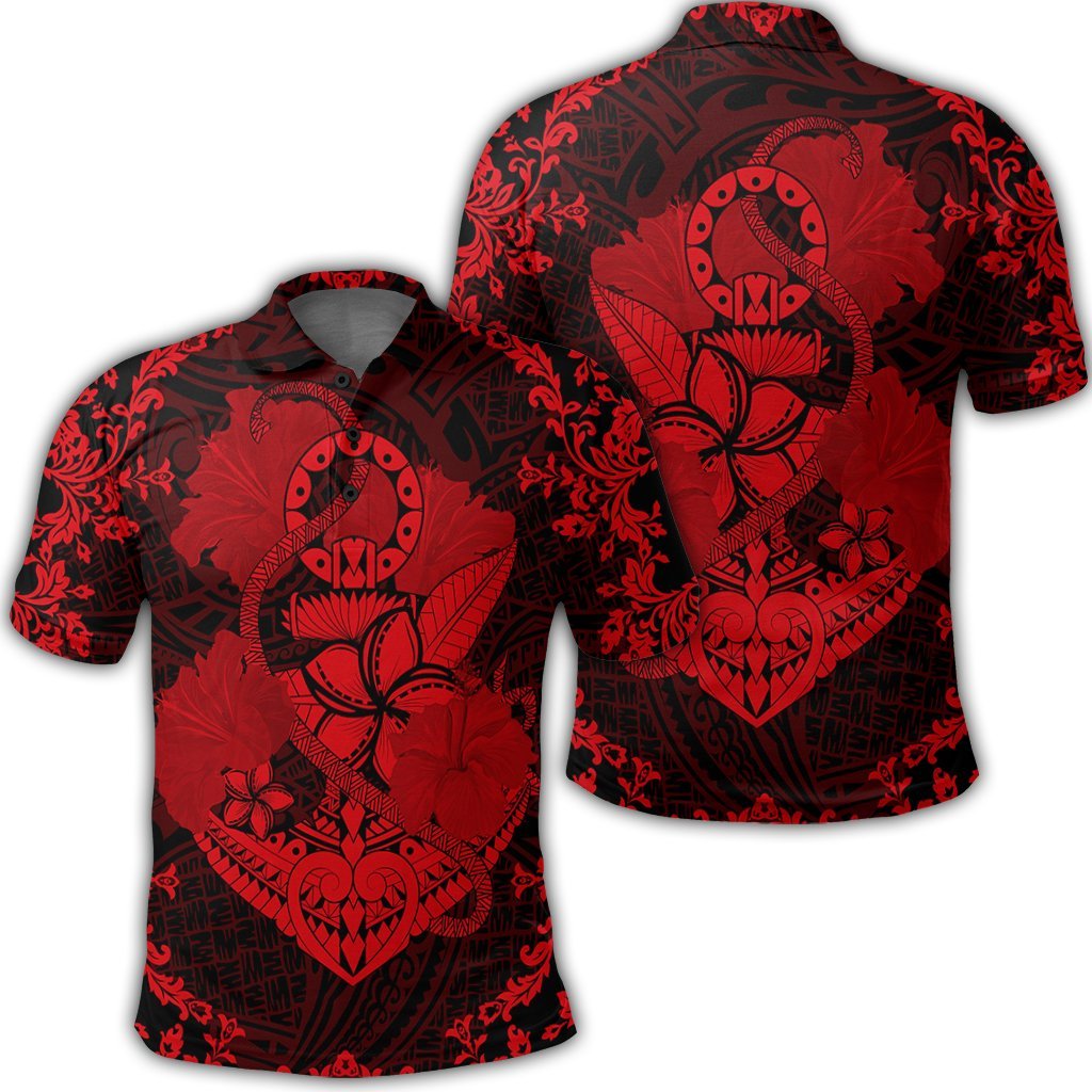 Hawaii Anchor Hibiscus Flower Vintage Polo Shirt Red Unisex Black - Polynesian Pride