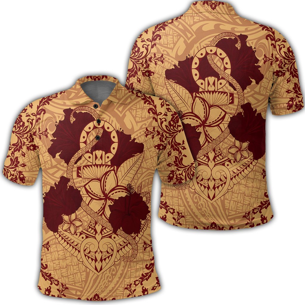 Hawaii Anchor Hibiscus Flower Vintage Polo Shirt Red Orange Unisex Black - Polynesian Pride