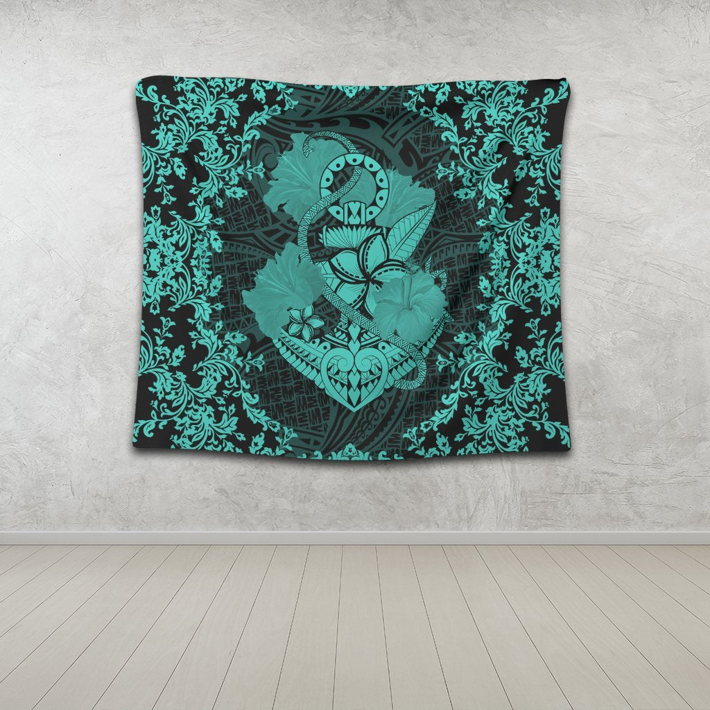 Hawaii Anchor Hibiscus Flower Vintage Tapestry - AH - Turquoise - Polynesian Pride