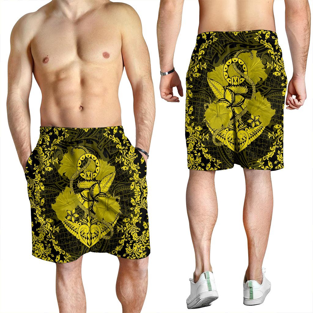 Hawaii Anchor Hibiscus Flower Vintage Men's Shorts - AH - Yellow - Polynesian Pride