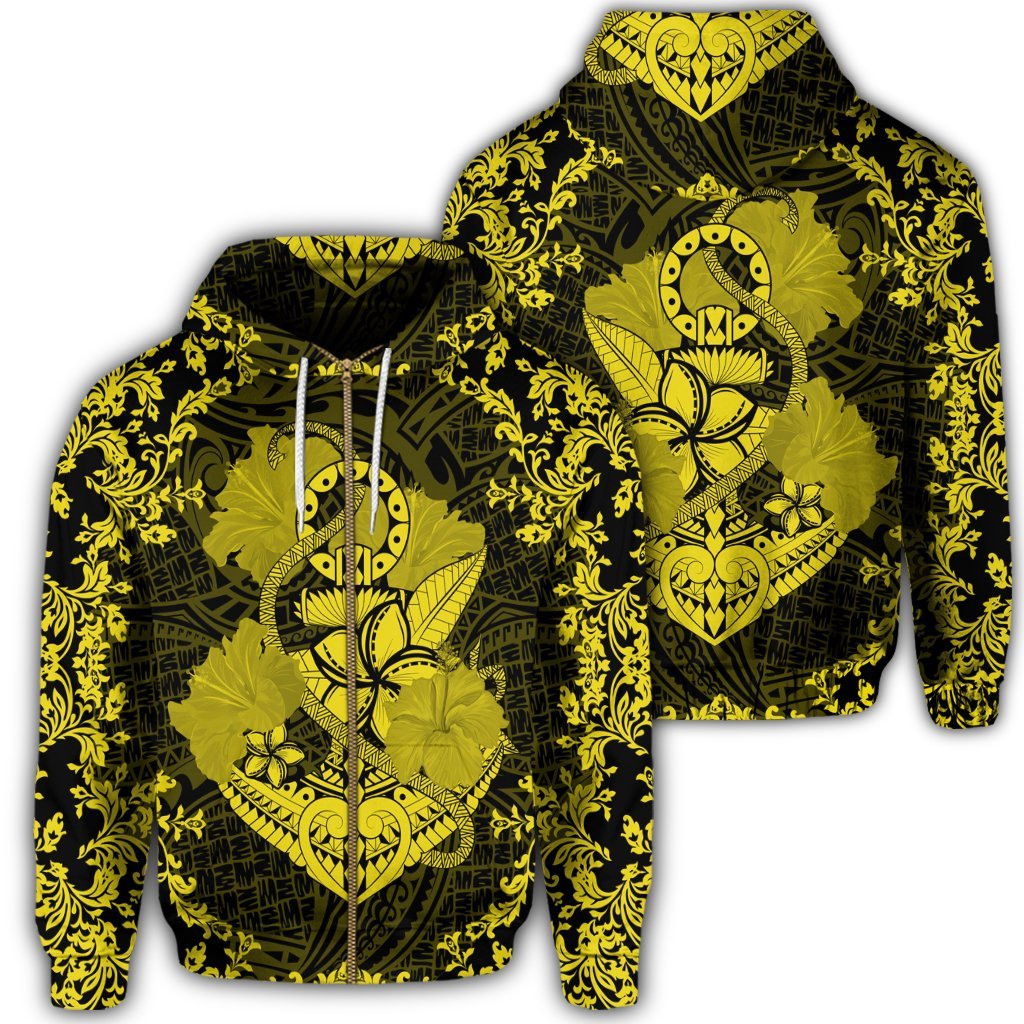 Hawaii Anchor Hibiscus Flower Vintage Zip Hoodie Yellow Unisex Art - Polynesian Pride