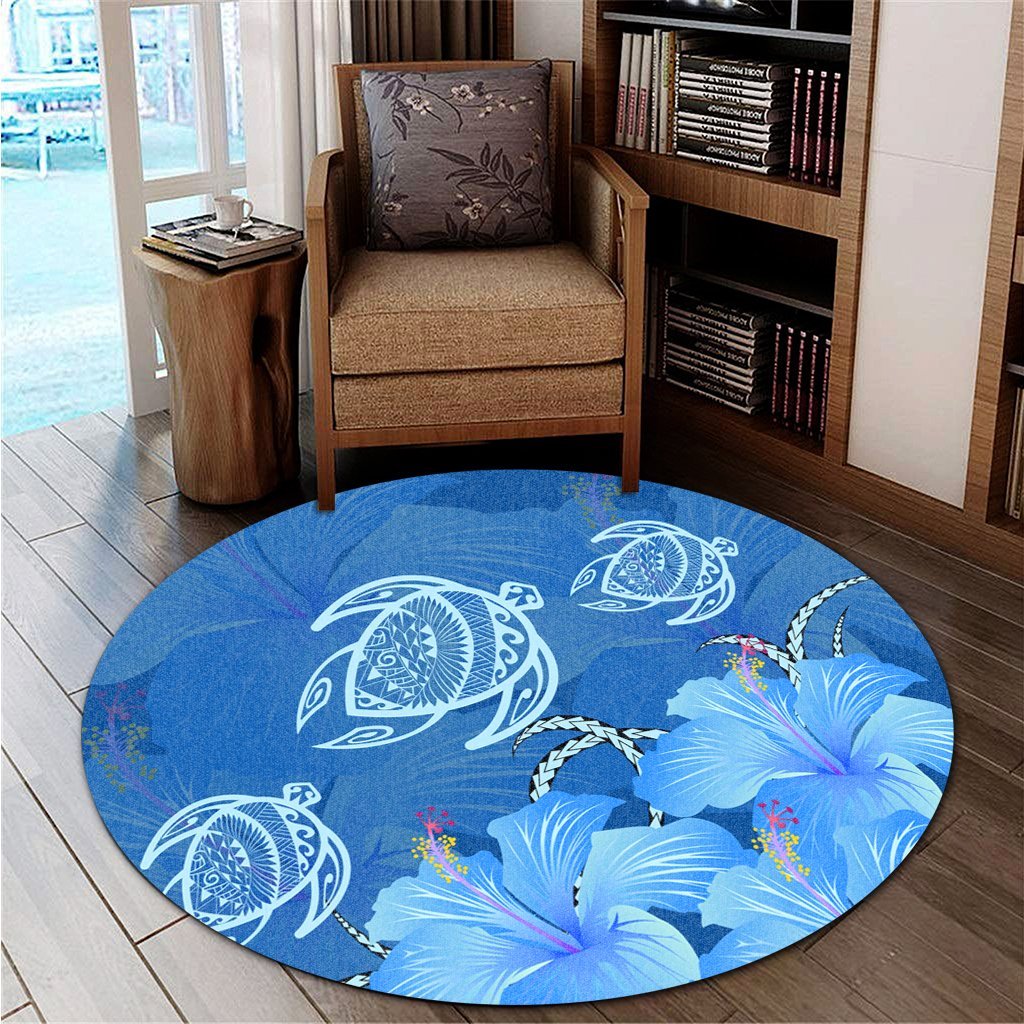 Hawaii Blue Hibiscus Turtle Polynesian Round Carpet - AH - Polynesian Pride