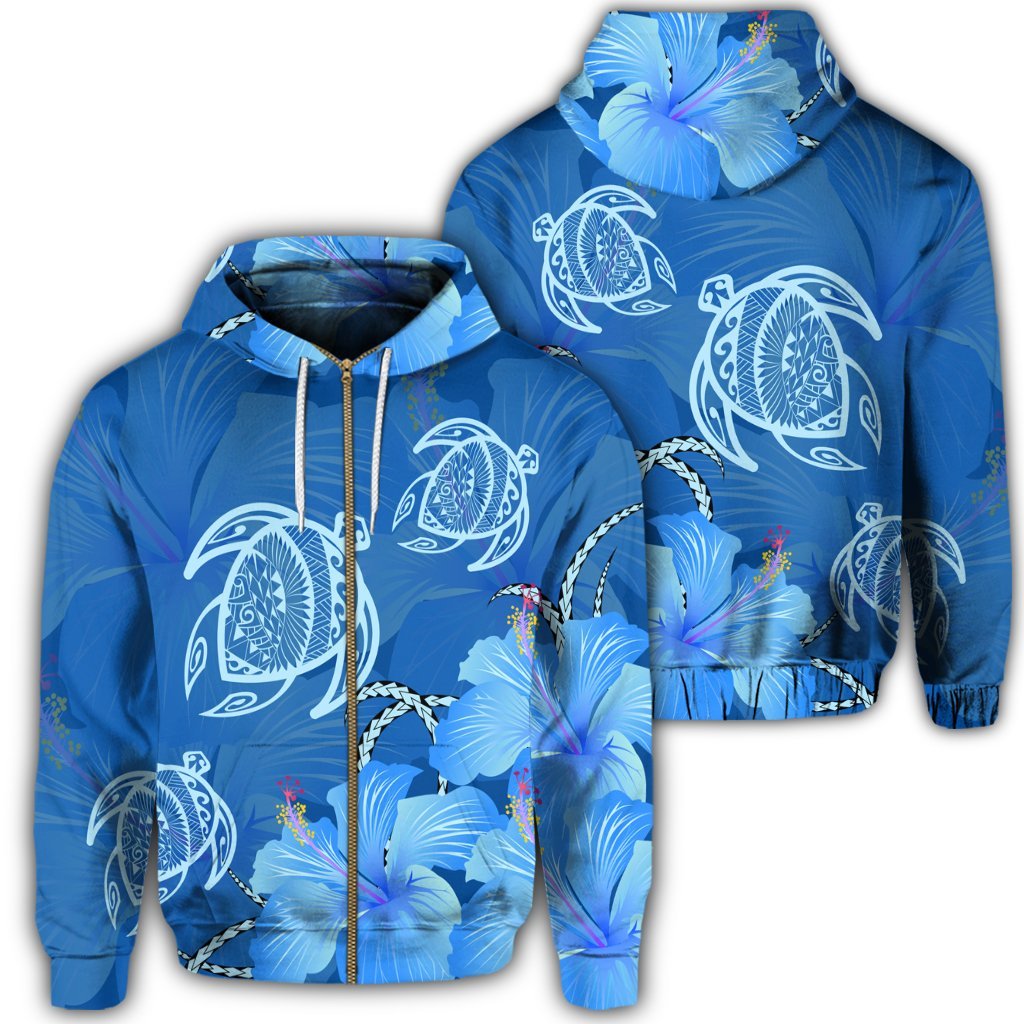 Hawaii Blue Hibiscus Turtle Polynesian Zip Hoodie Unisex Art - Polynesian Pride