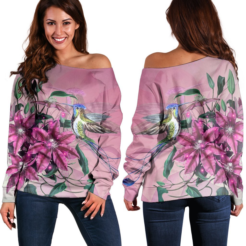 Hawaii Clematis Humming Bird Women's Off Shoulder Sweater - AH Black - Polynesian Pride