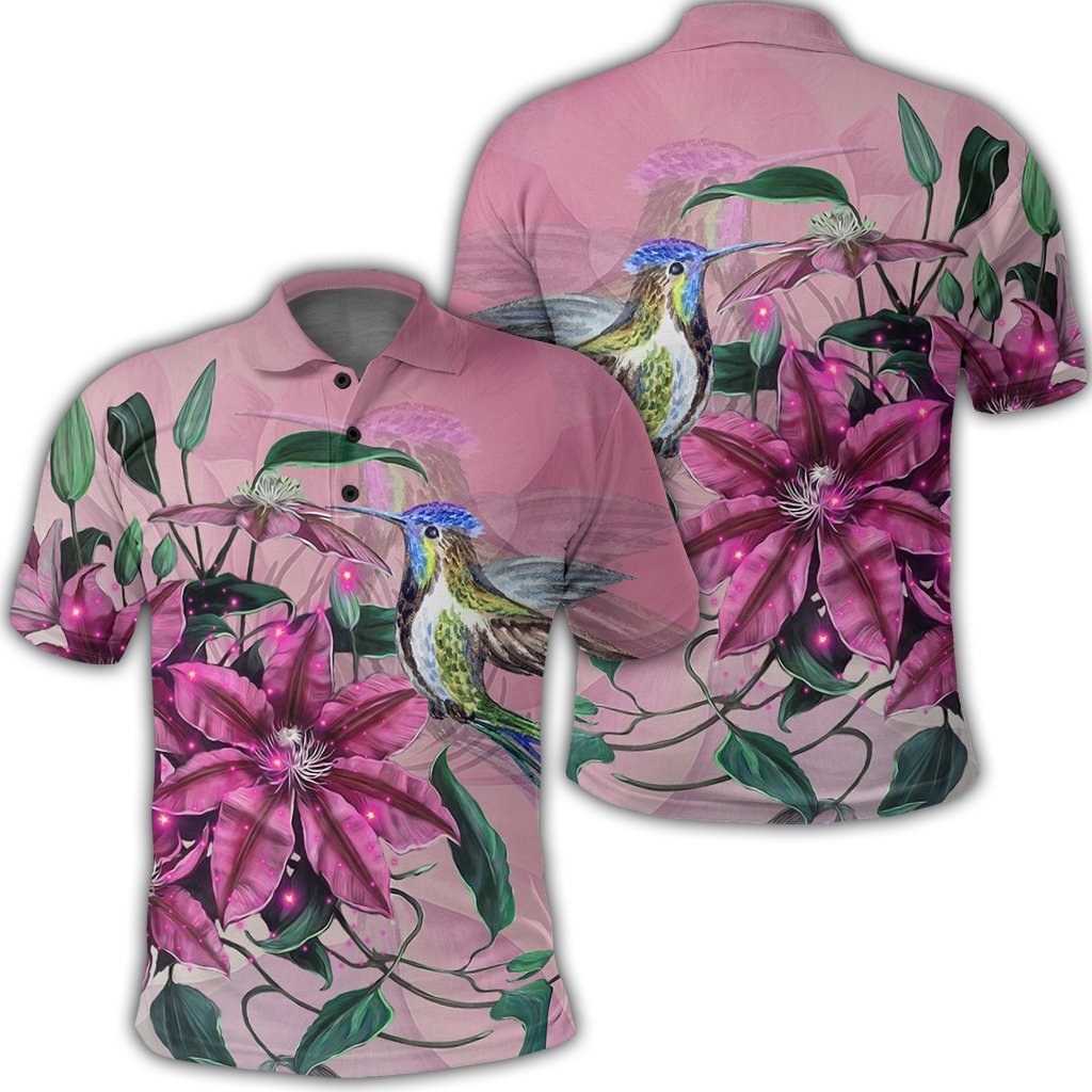 Hawaii Clematis Humming Bird Polo Shirt Unisex Black - Polynesian Pride