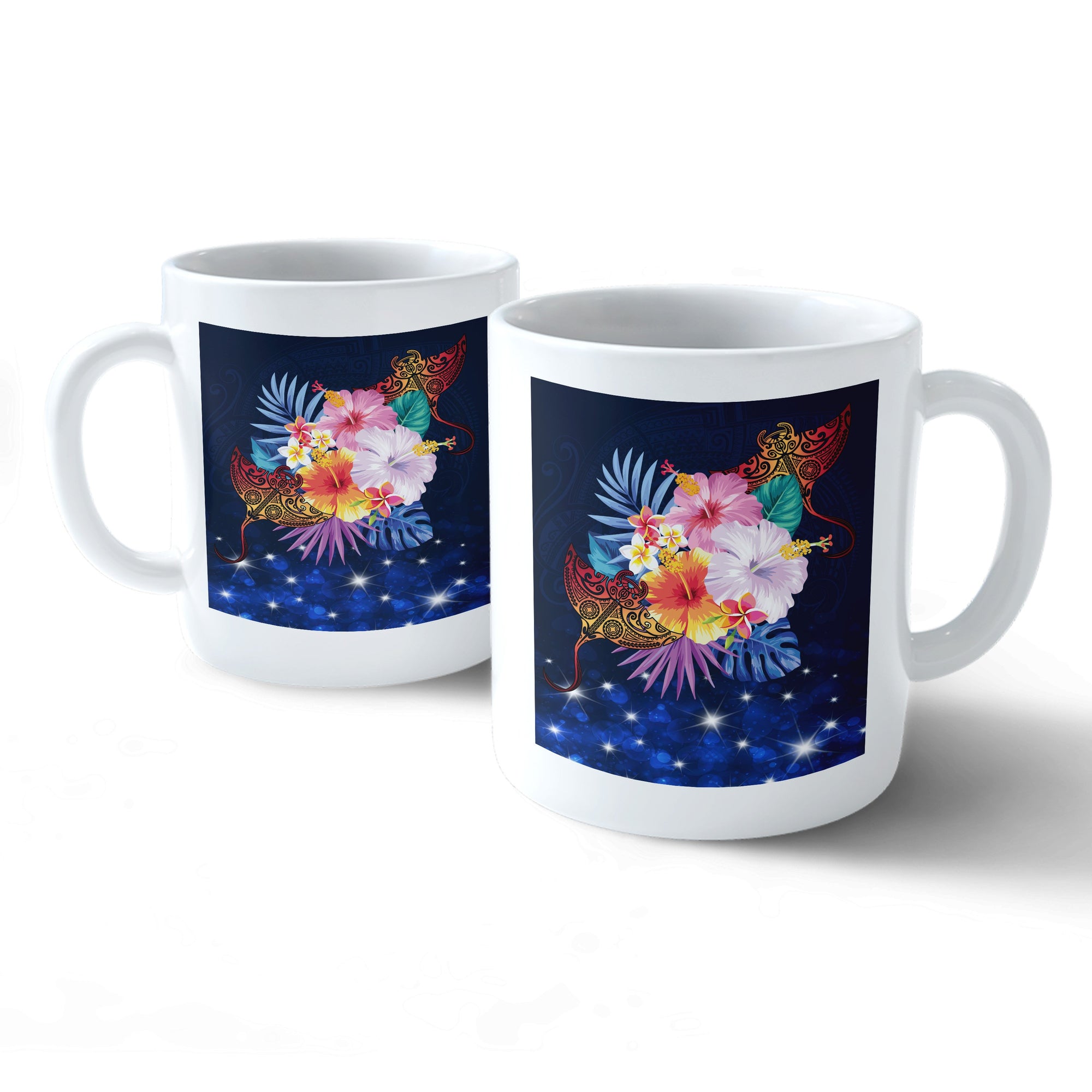 Hawaii Couple Manta Ray Plumeria Hibiscus Tropical Polynesian Mug - AH Mug 11oz White - Polynesian Pride