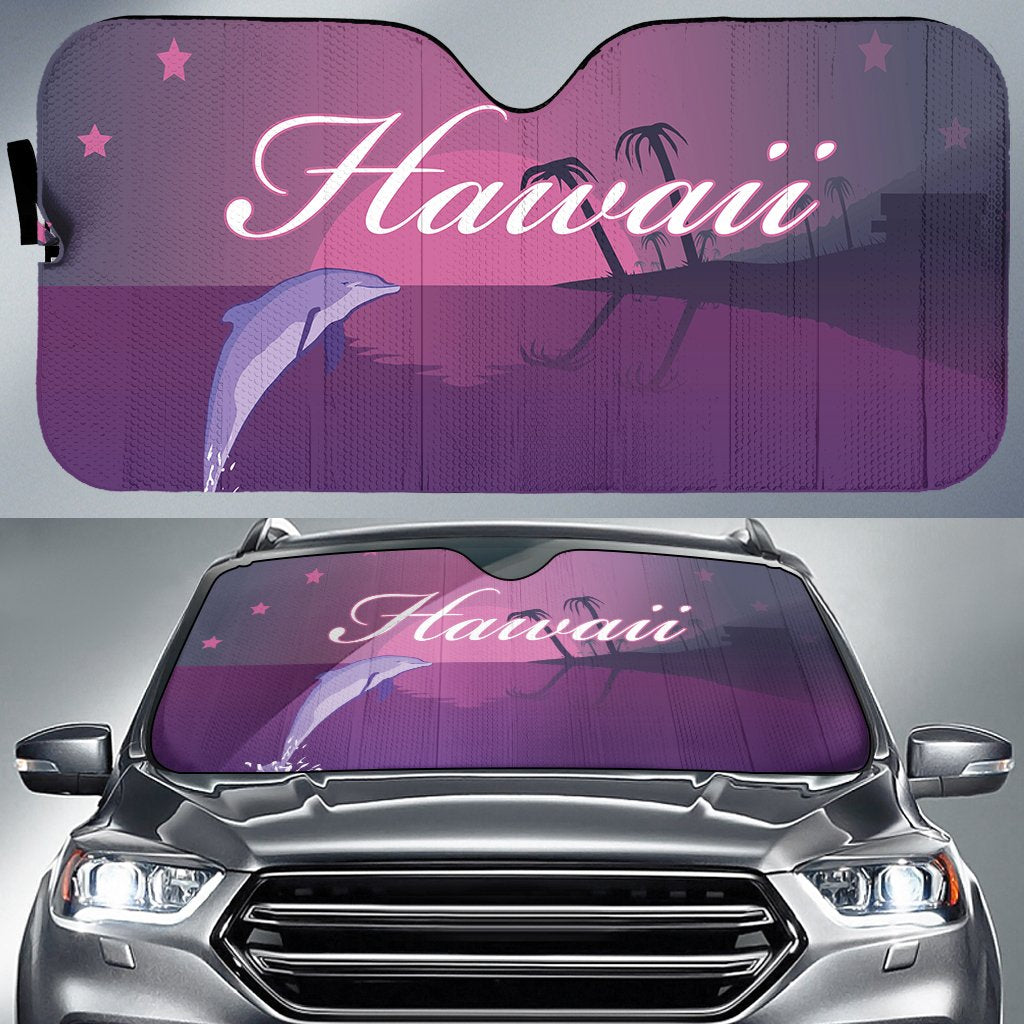 Hawaii Dolphin Violet Backgorund Car Sun Shade AH Auto Sun Shade Universal Fit White - Polynesian Pride