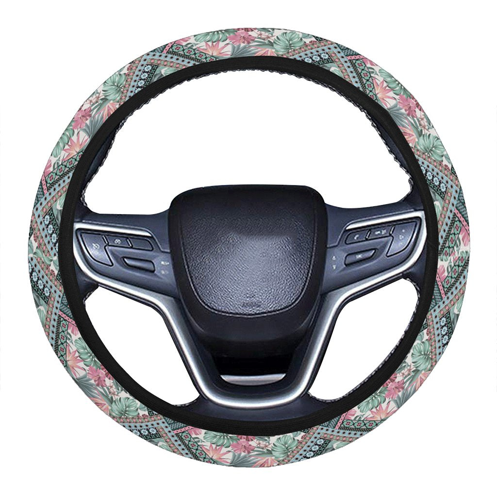 Hawaii Exotic Tropical Flowers In Pastel Colors Hawaii Universal Steering Wheel Cover with Elastic Edge One Size Blue Steering Wheel Cover - Polynesian Pride