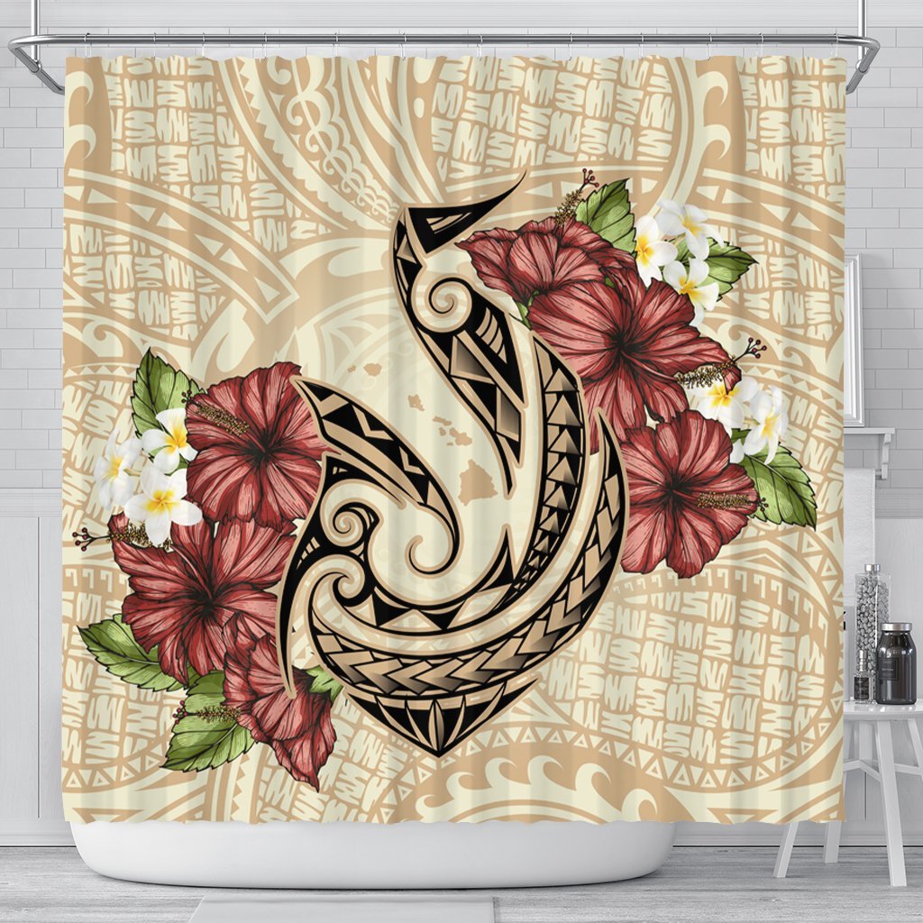 Hawaii Fish Hook Hibiscus Plumeria Polynesian Shower Curtain - AH 177 x 172 (cm) Black - Polynesian Pride