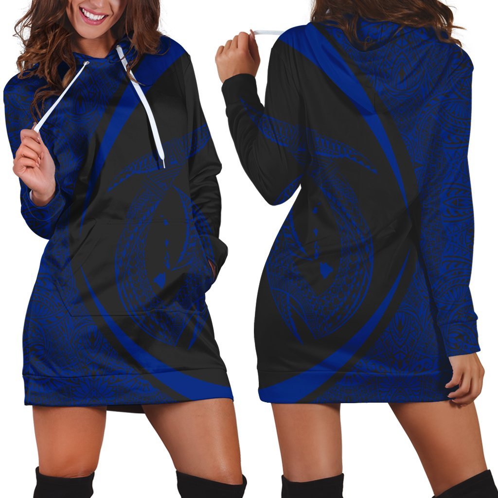 Hawaii Fish Hook Polynesian Hoodie Dress - Circle Style Blue - AH Black - Polynesian Pride