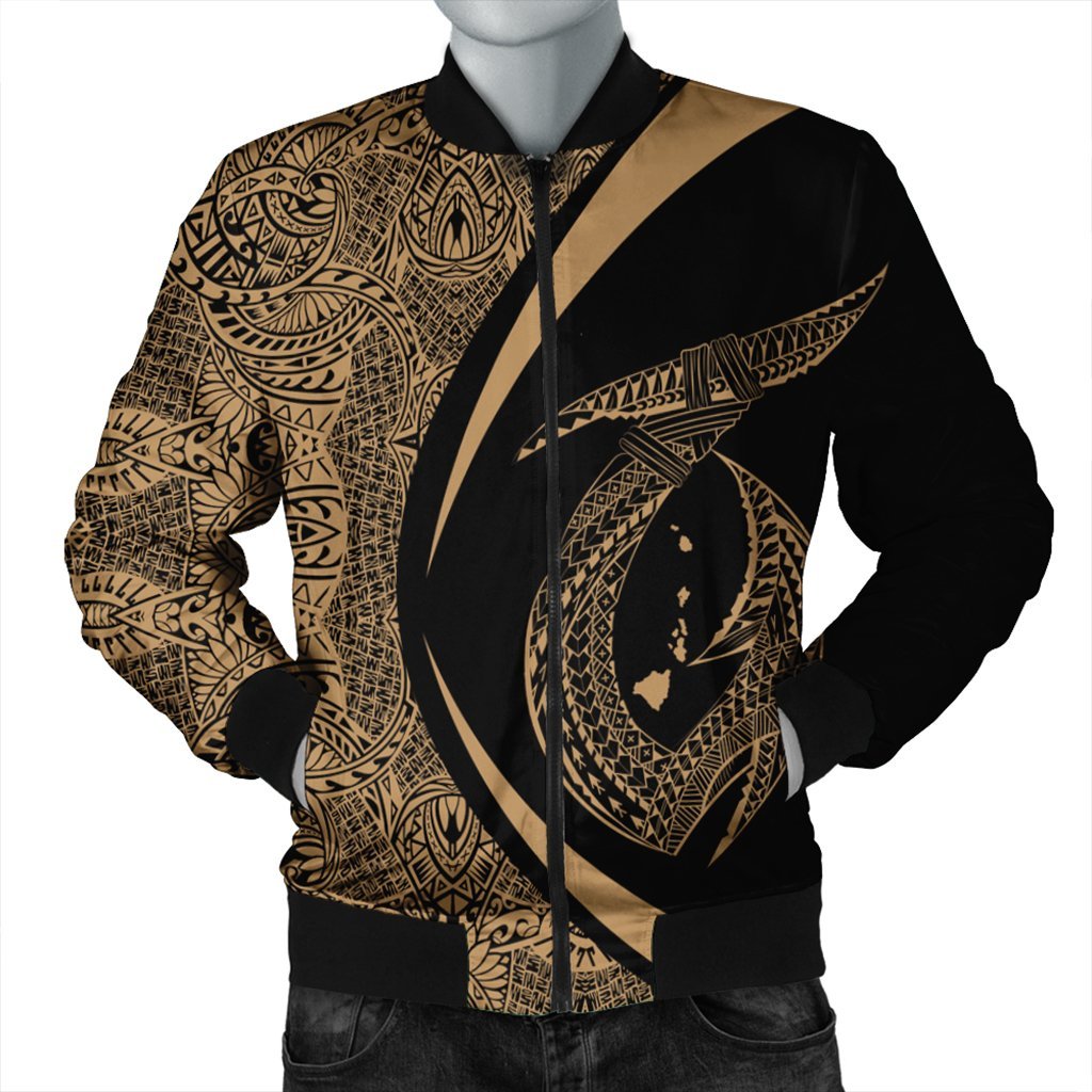 Hawaii Fish Hook Polynesian Bomber Jacket - Circle Style Gold - AH Black Unisex - Polynesian Pride