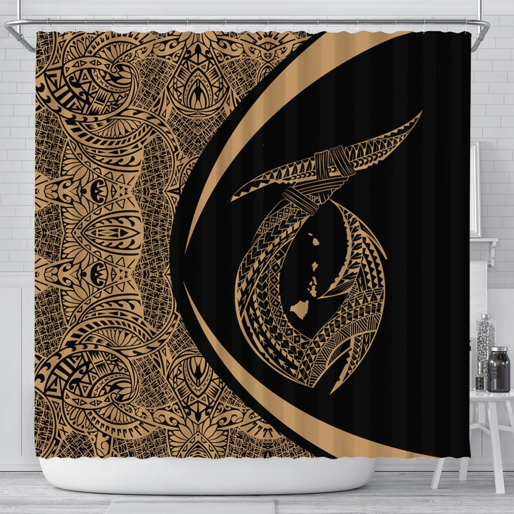 Hawaii Fish Hook Polynesian Shower Curtain - Circle Style Gold - AH 177 x 172 (cm) Black - Polynesian Pride