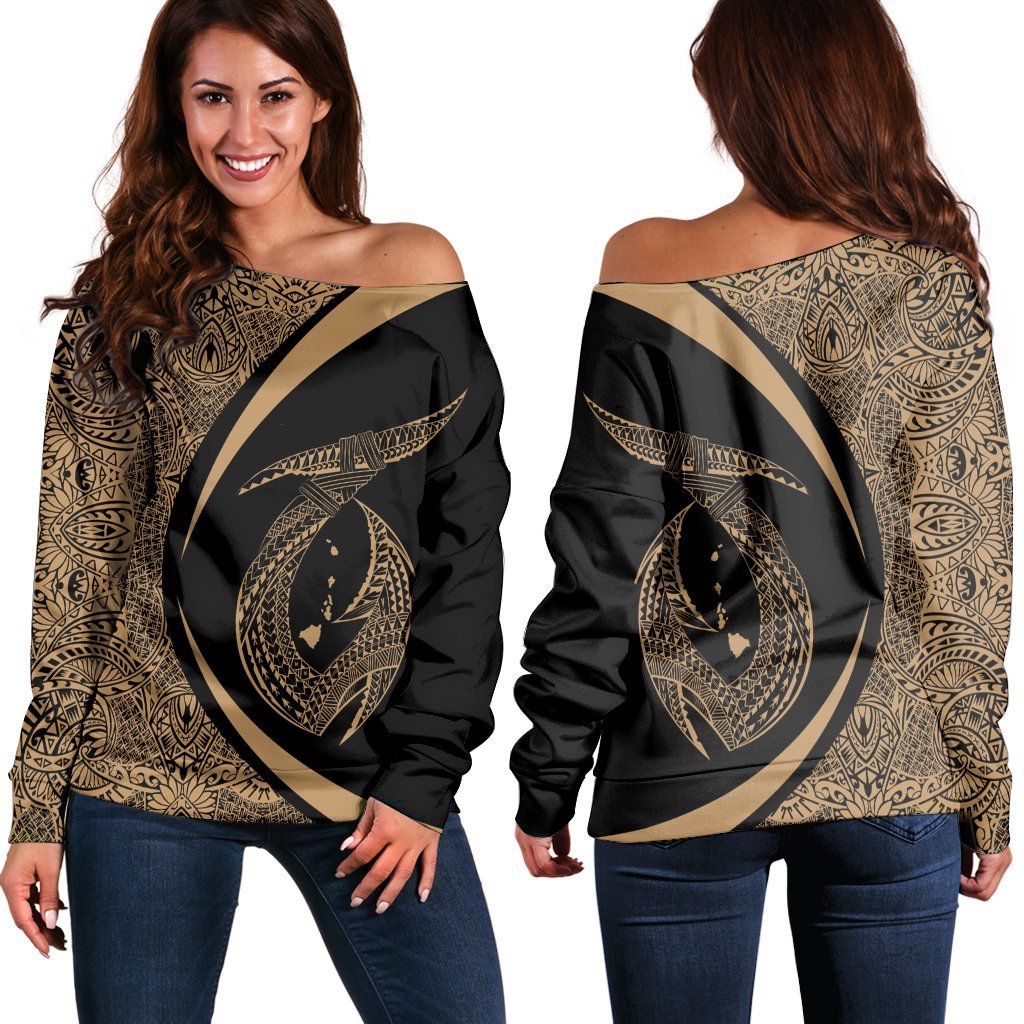 Hawaii Fish Hook Polynesian Women's Off Shoulder Sweater - Circle Style Gold - AH Black - Polynesian Pride