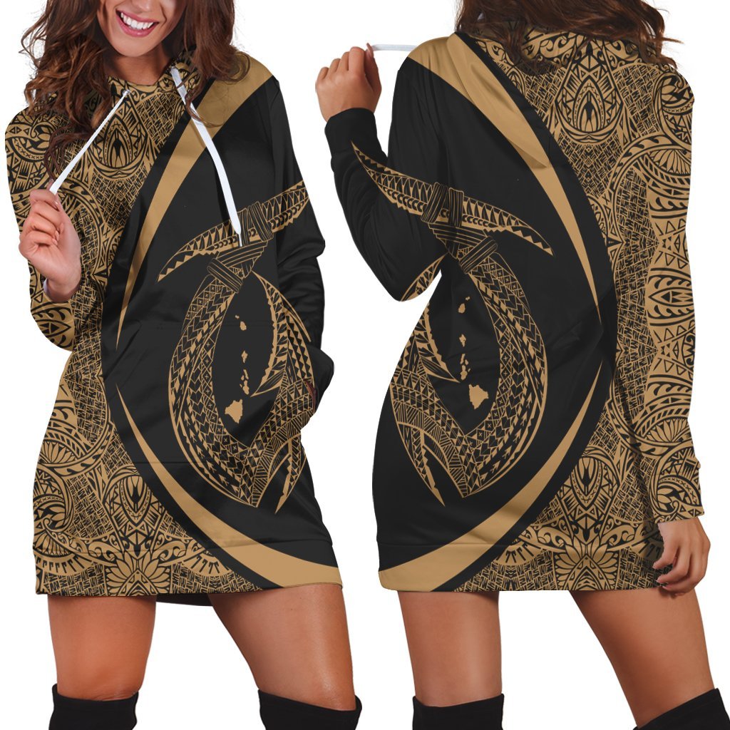 Hawaii Fish Hook Polynesian Hoodie Dress - Circle Style Gold - AH Black - Polynesian Pride