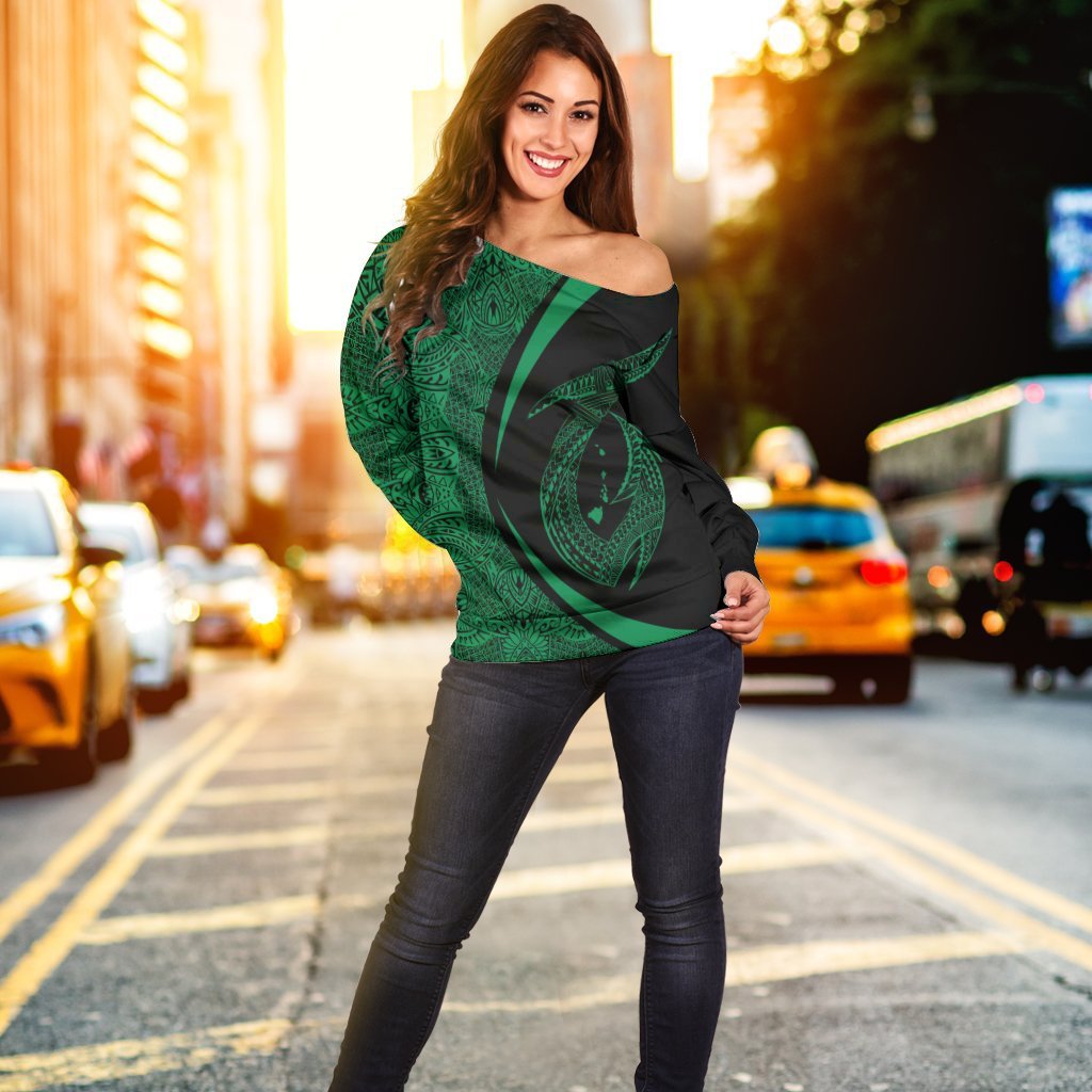 Hawaii Fish Hook Polynesian Women's Off Shoulder Sweater - Circle Style Green - AH - Polynesian Pride