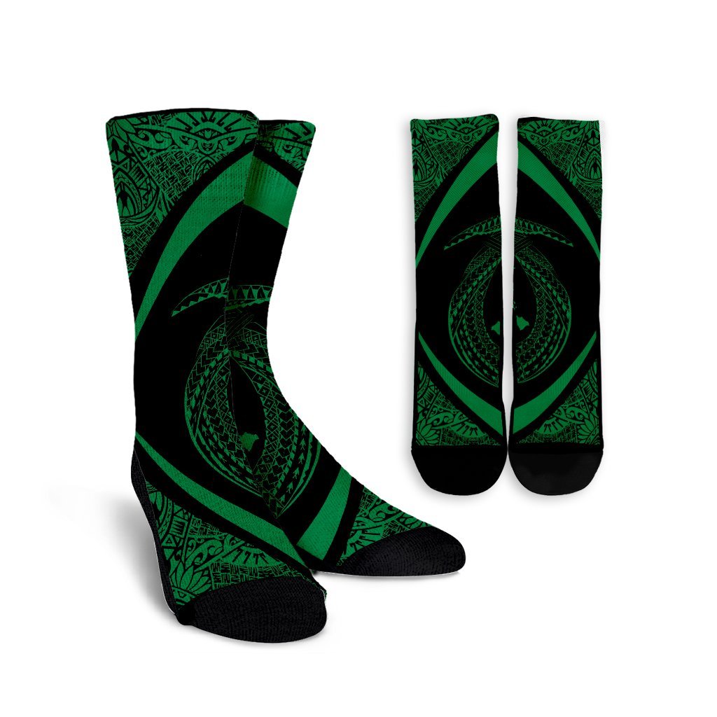 Hawaii Fish Hook Polynesian Crew Socks - Circle Style Green - AH Crew Socks White - Polynesian Pride