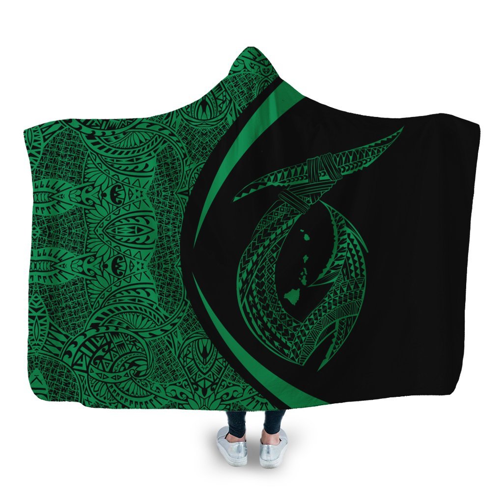 Hawaii Fish Hook Polynesian Hooded Blanket - Circle Style Green - AH Hooded Blanket White - Polynesian Pride