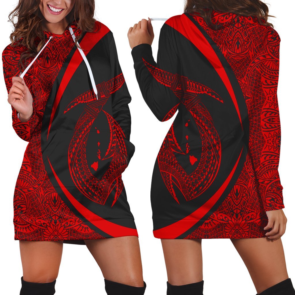 Hawaii Fish Hook Polynesian Hoodie Dress - Circle Style Red - AH Black - Polynesian Pride