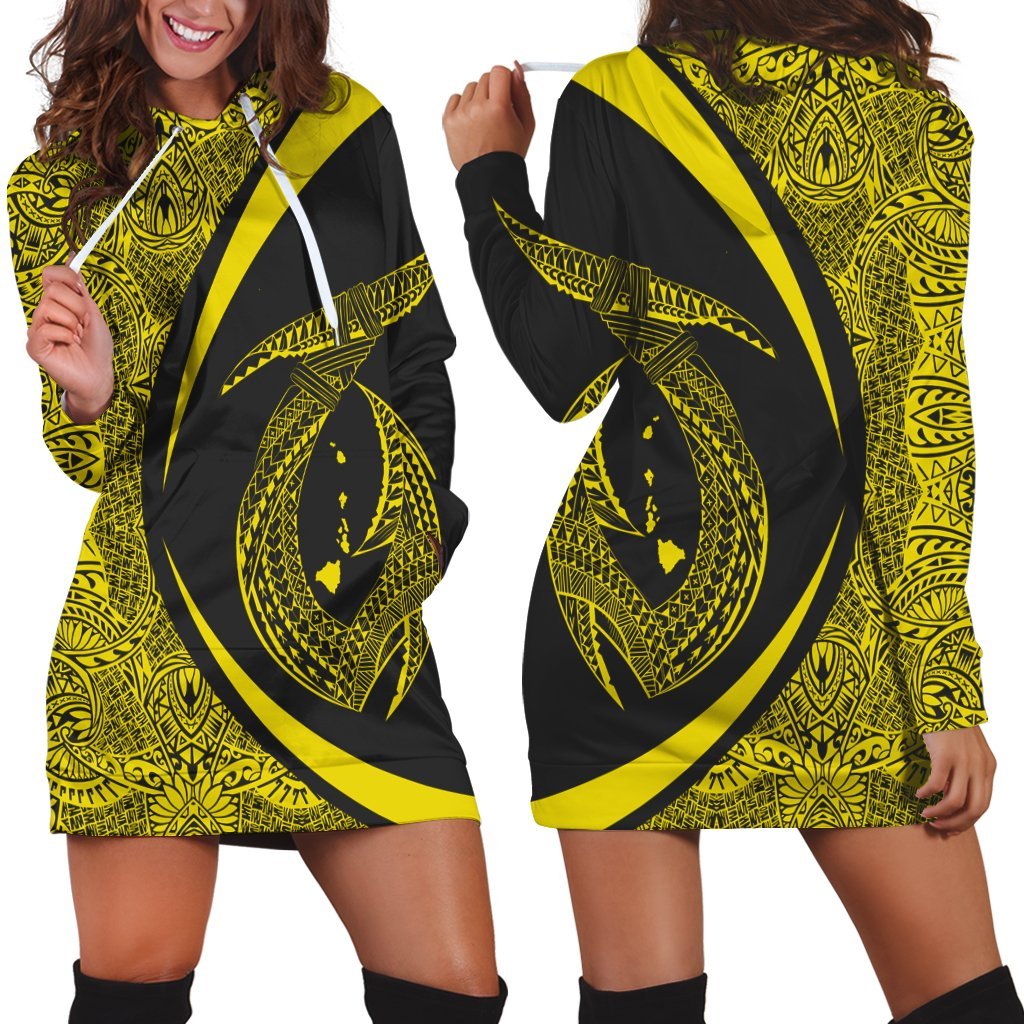 Hawaii Fish Hook Polynesian Hoodie Dress - Circle Style Yellow - AH Black - Polynesian Pride