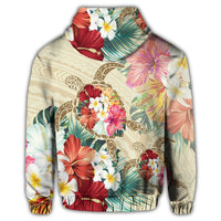 Hawaiian Floral Turtle Hoodie Beige - Polynesian Pride