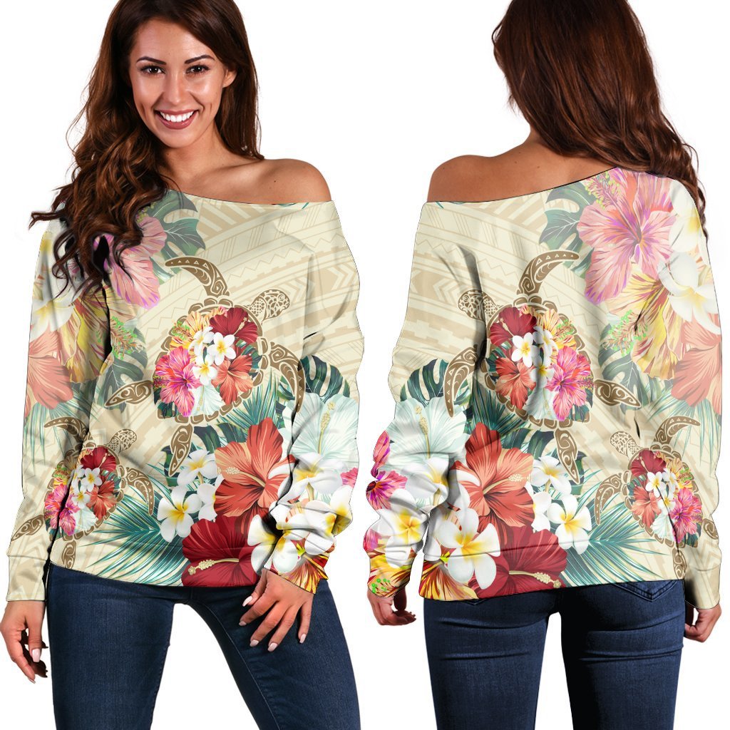 Hawaii Floral Turtle Women's Off Shoulder Sweater - Beige - AH Black - Polynesian Pride