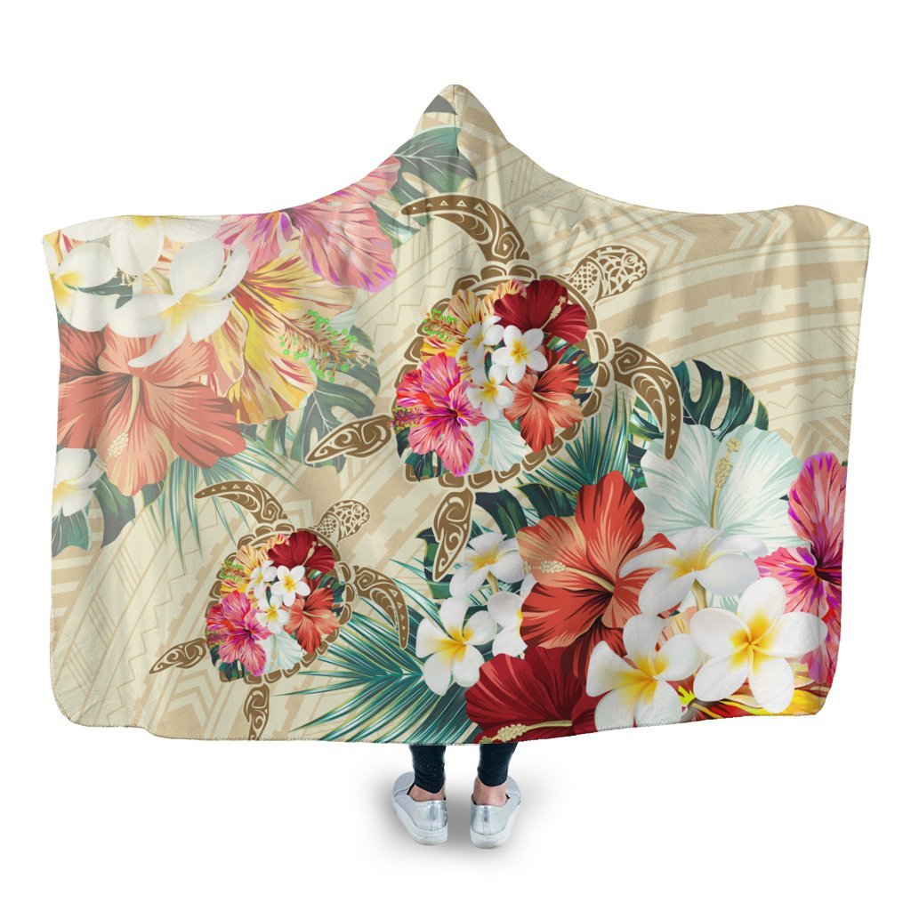 Hawaii Floral Turtle Hooded Blanket - Beige - AH Hooded Blanket White - Polynesian Pride