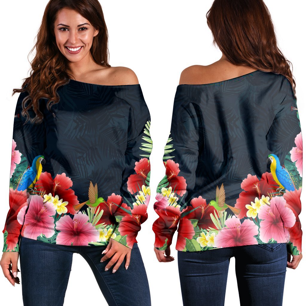 Hawaii Forest Hibiscus Women's Off Shoulder Sweater - AH Black - Polynesian Pride