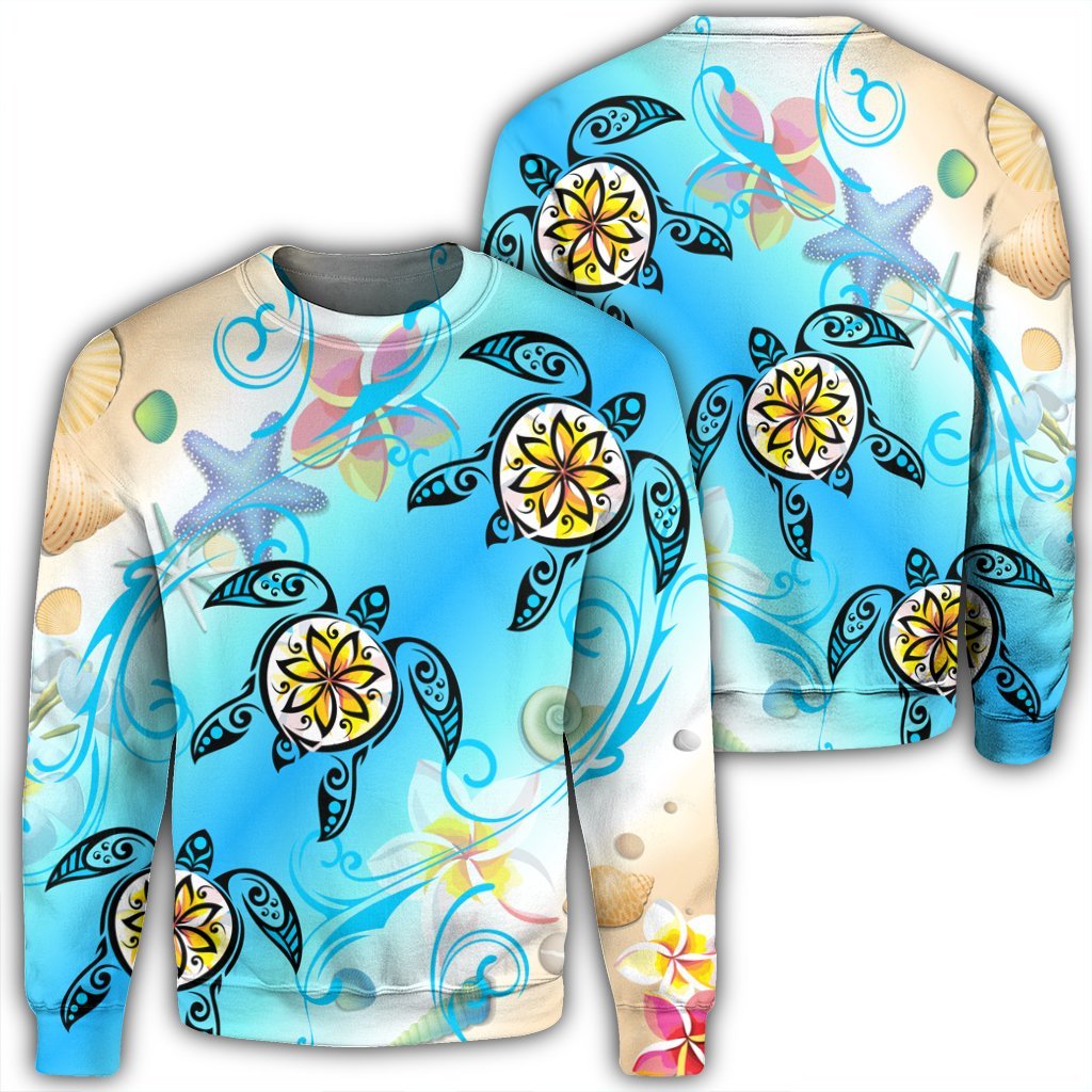 Hawaii Fresh Beach Turtle Plumeria Sweatshirt - AH - Brian Style Unisex Black - Polynesian Pride