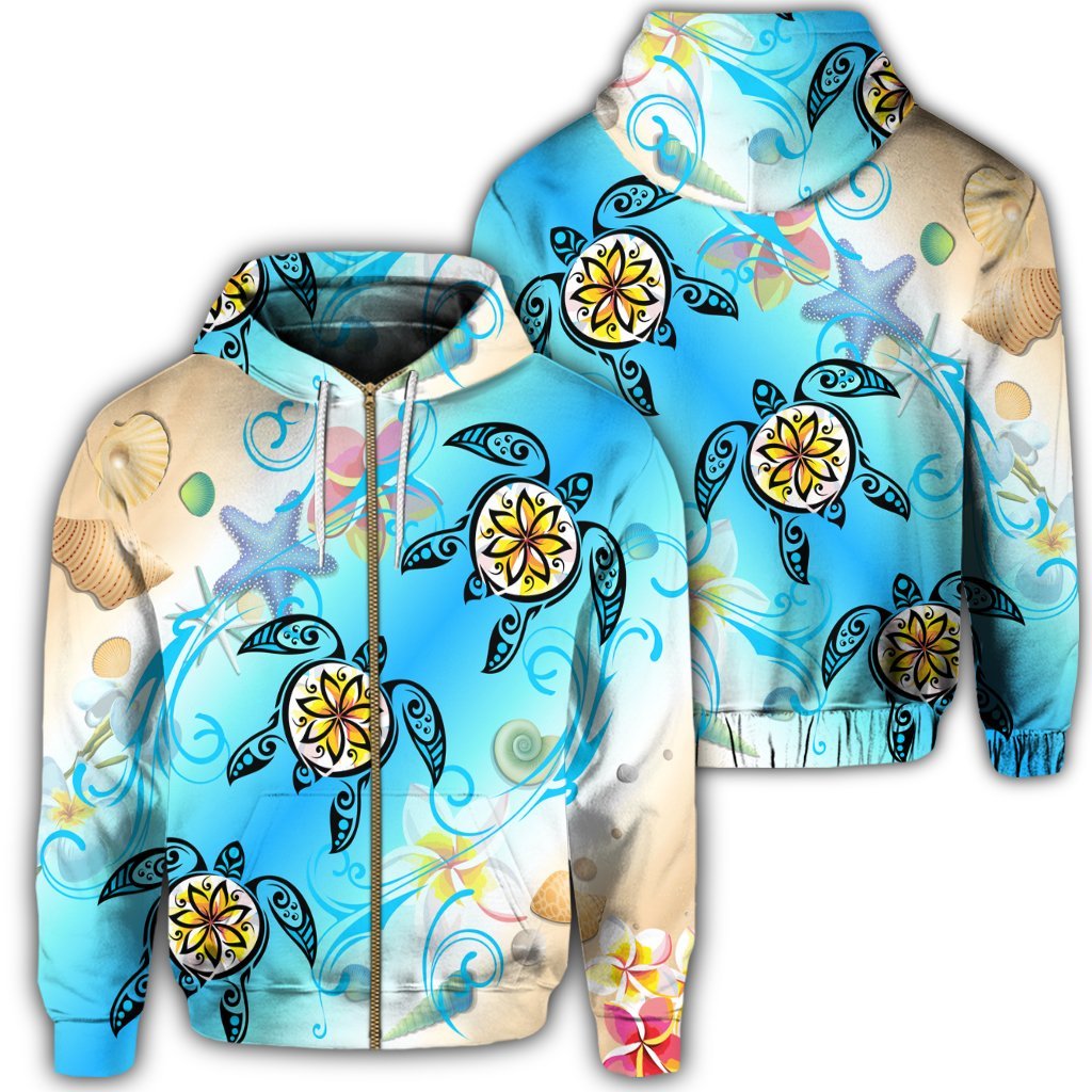 Hawaii Fresh Beach Turtle Plumeria Zip Hoodie Brian Style Unisex Art - Polynesian Pride